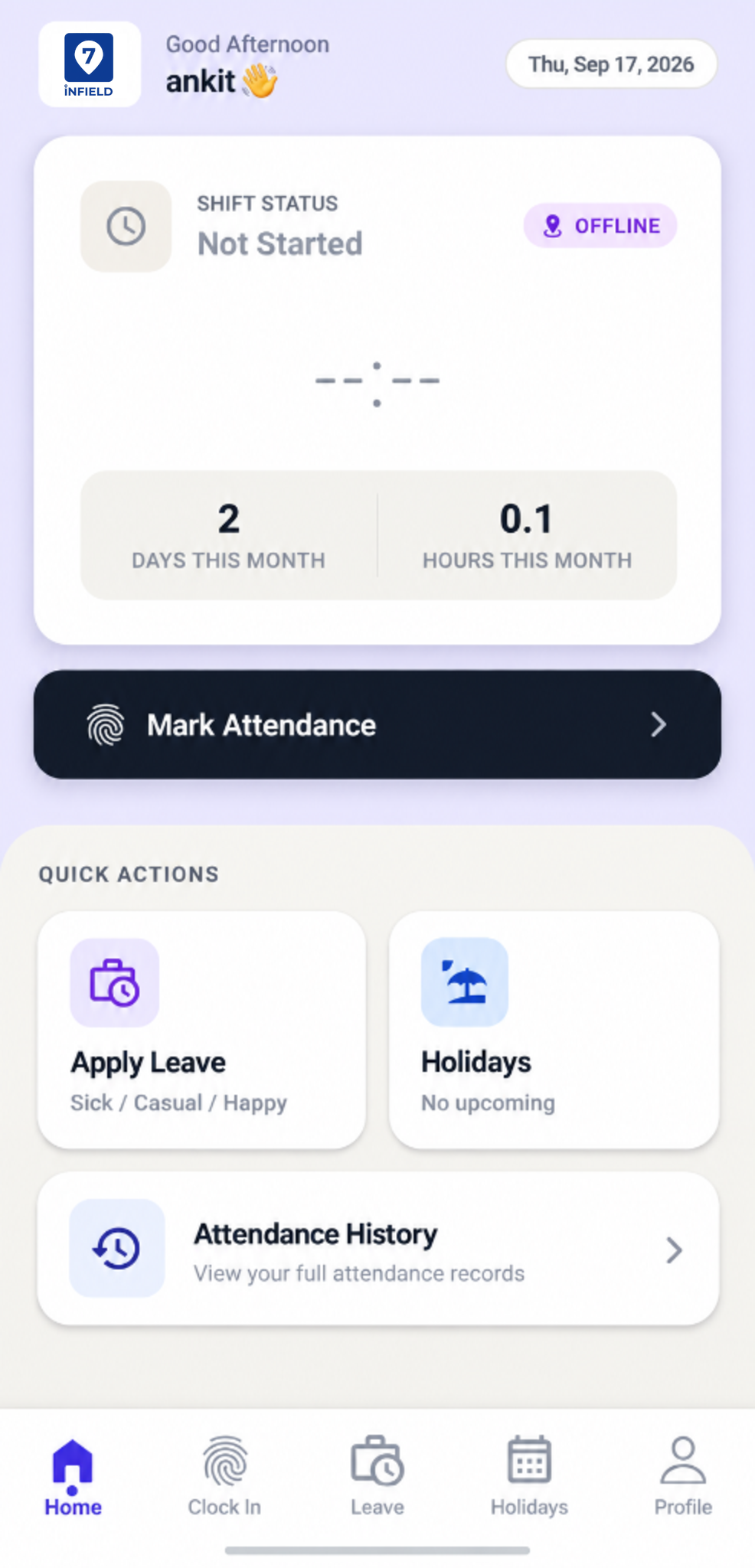 inFIELD7 mobile app — attendance home screen